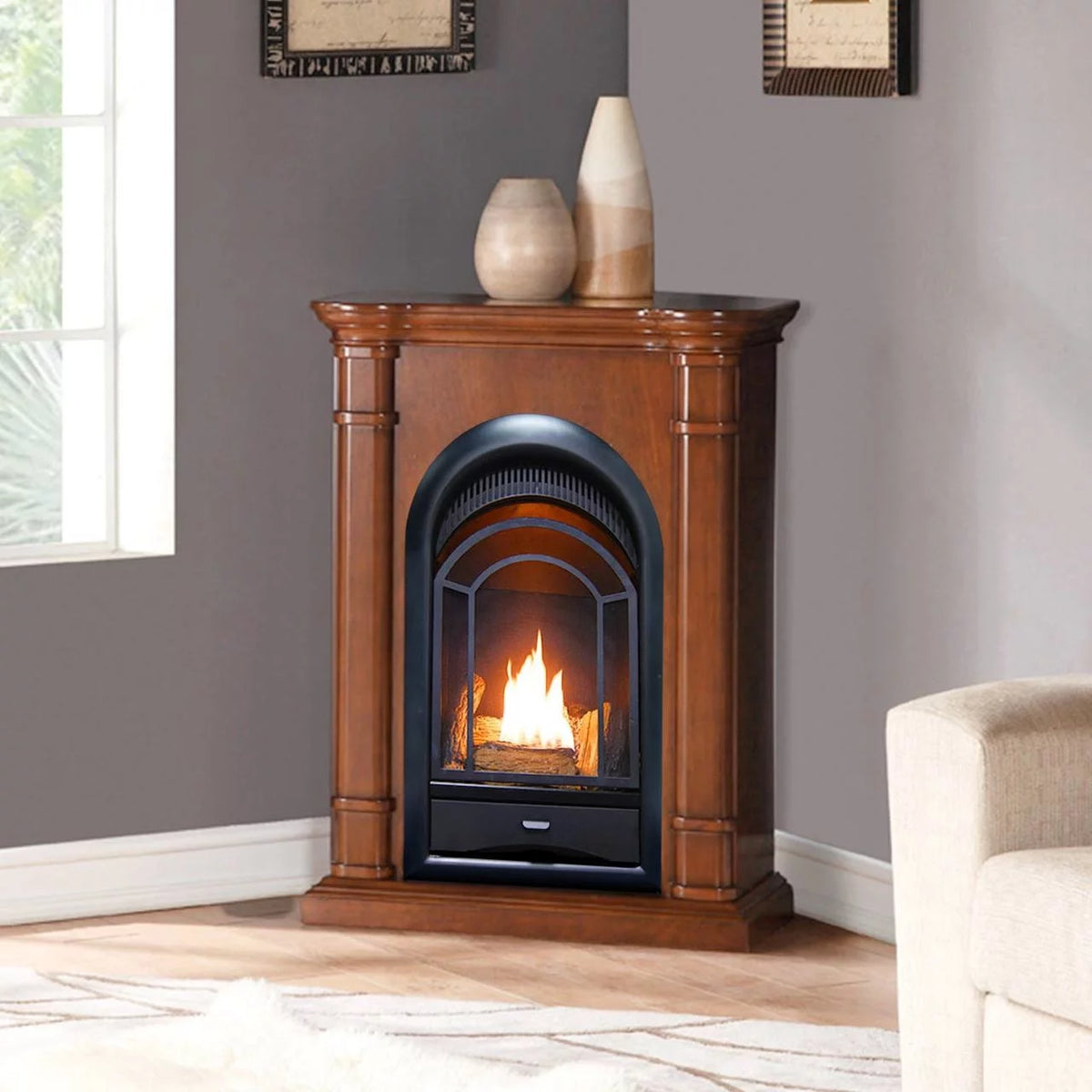 Ventless Fireplace System 10K BTU Duel Fuel Thermostat Insert and Mantel P777