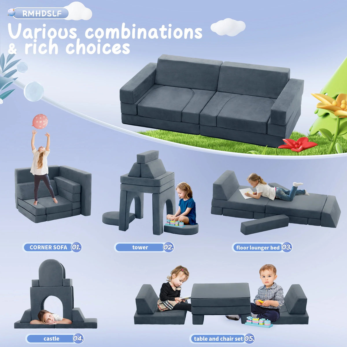 Gray 9-Piece Kids Play Couch O390