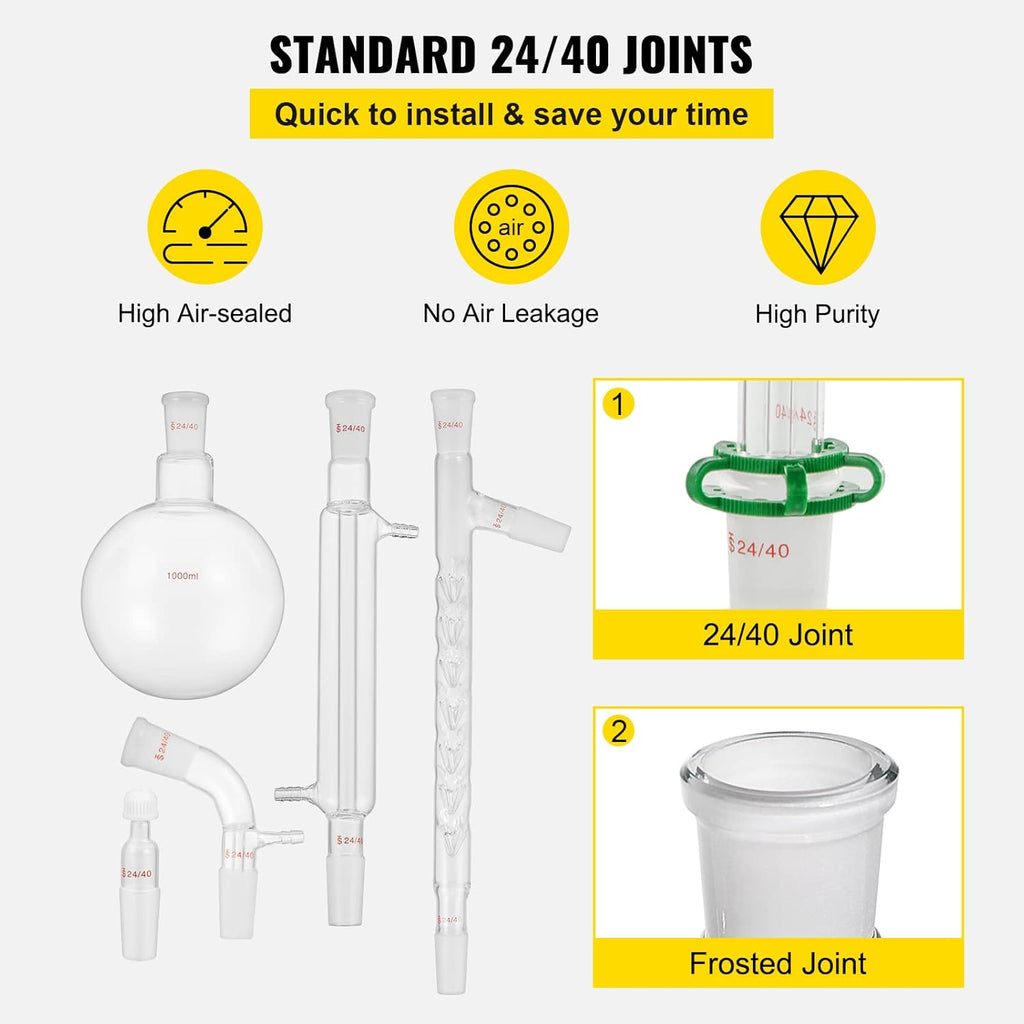 13pcs Borosilicate Glass Distillation Apparatus Kit with 1000ml Round Bottom Flask J69120