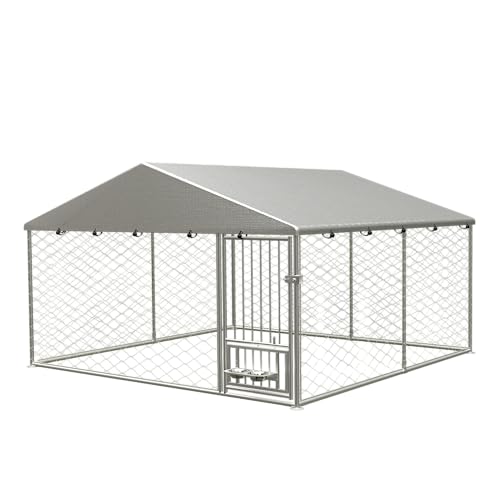 Large Outdoor Galvanized Steel Dog Kennel with Cover, 90" L x 90" W x 65" H Z323042