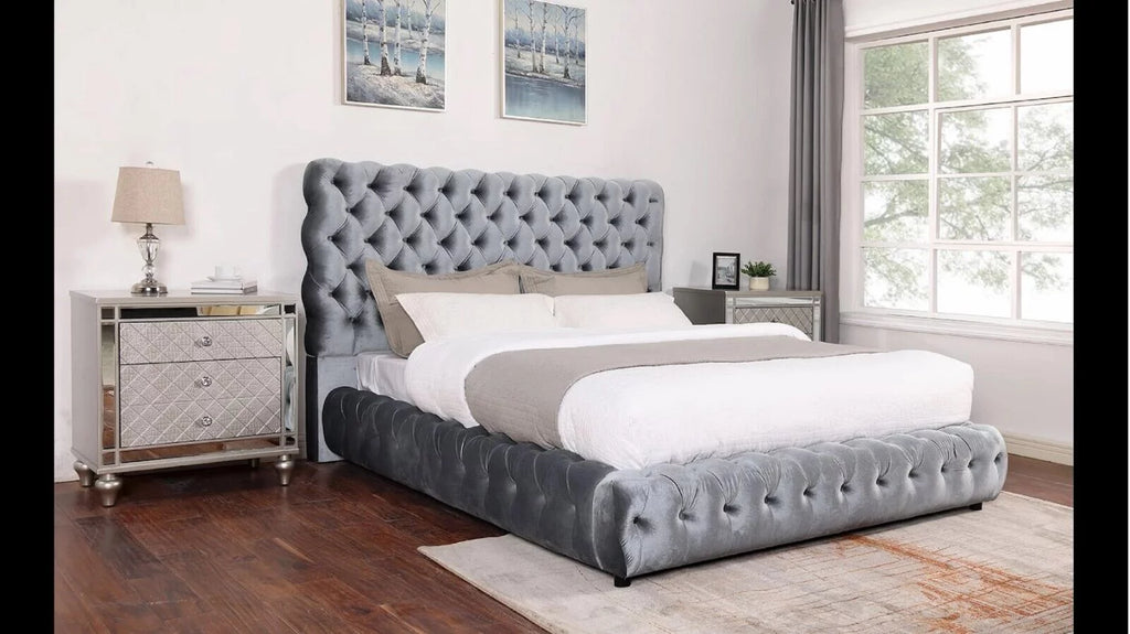 Gray Fabric Queen Size Bed and Nightstand Set V68468
