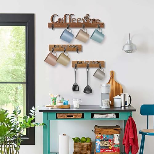 3 Pack Wall Mounted Wooden Coffee Mug Shelf with 10 Hooks D5071