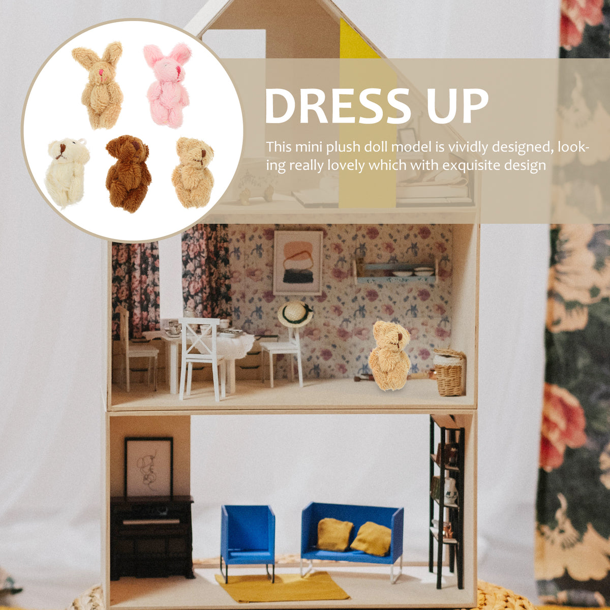 5pcs Miniature Plush Bear Rabbit Doll House Decoration Prop C632
