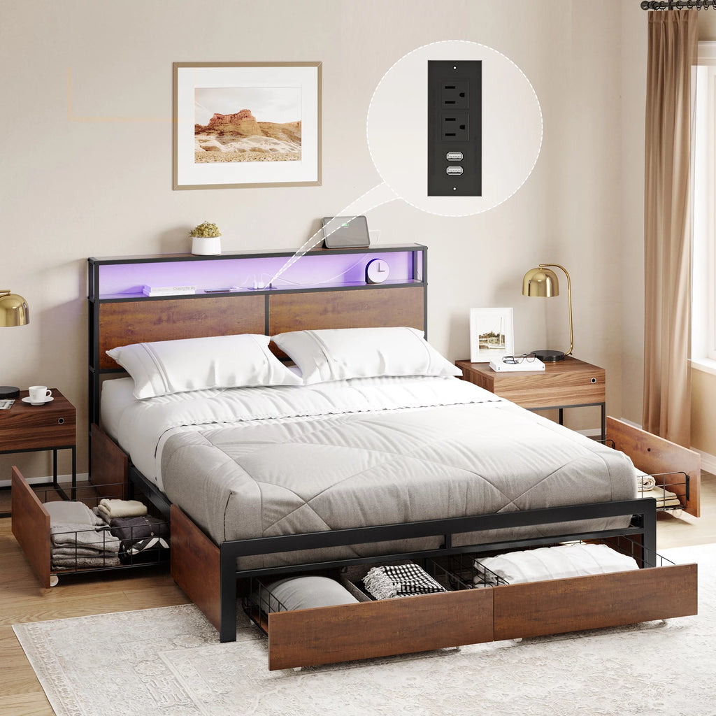 Queen Size Bed Frame with Headboard and 4 Storage Drawers X51551