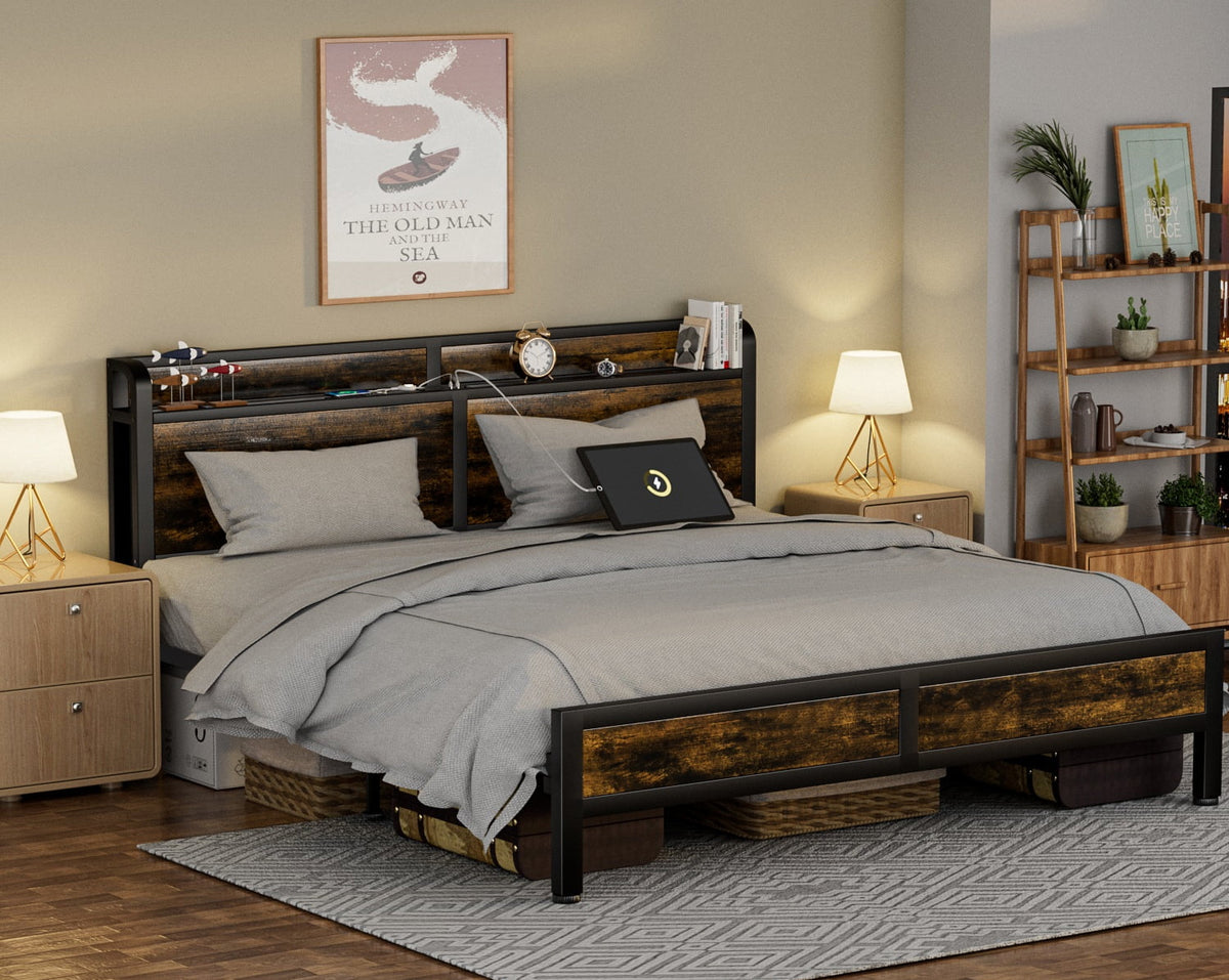 Queen Size Metal Platform Bed Frame with Storage Headboard X866883