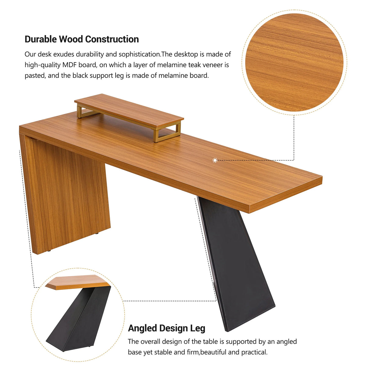 63" Rustic Industrial Wooden Writing Desk with Monitor Stand U3369