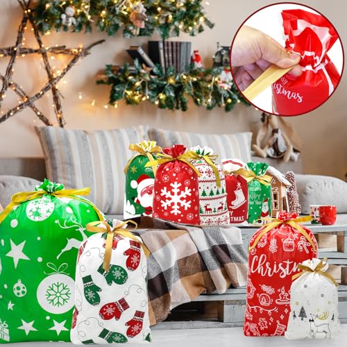 43 PCS Christmas Drawstring Gift Bags Assorted Sizes with Rope G2578