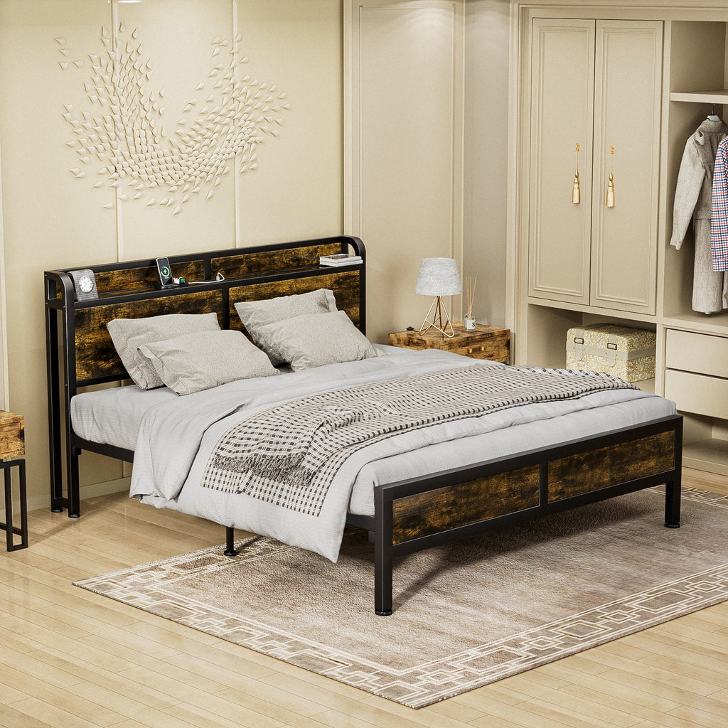Queen Size Metal Platform Bed Frame with Storage Headboard X866883