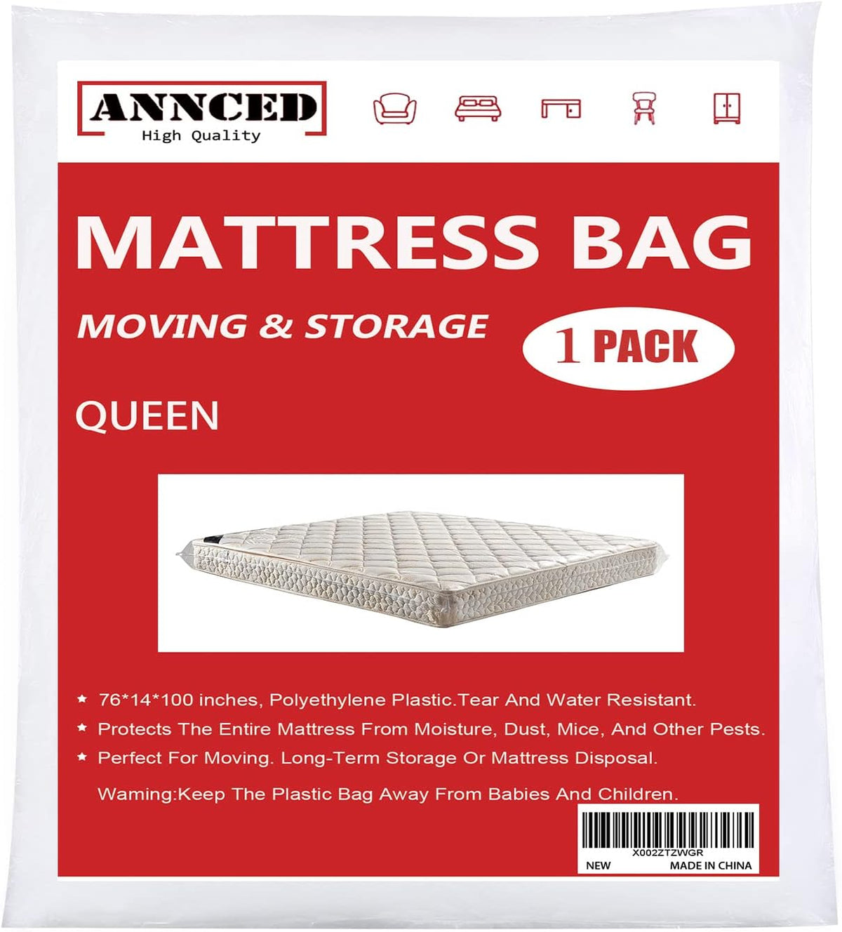 Queen Mattress Bag 4 mil Polyethylene J72190