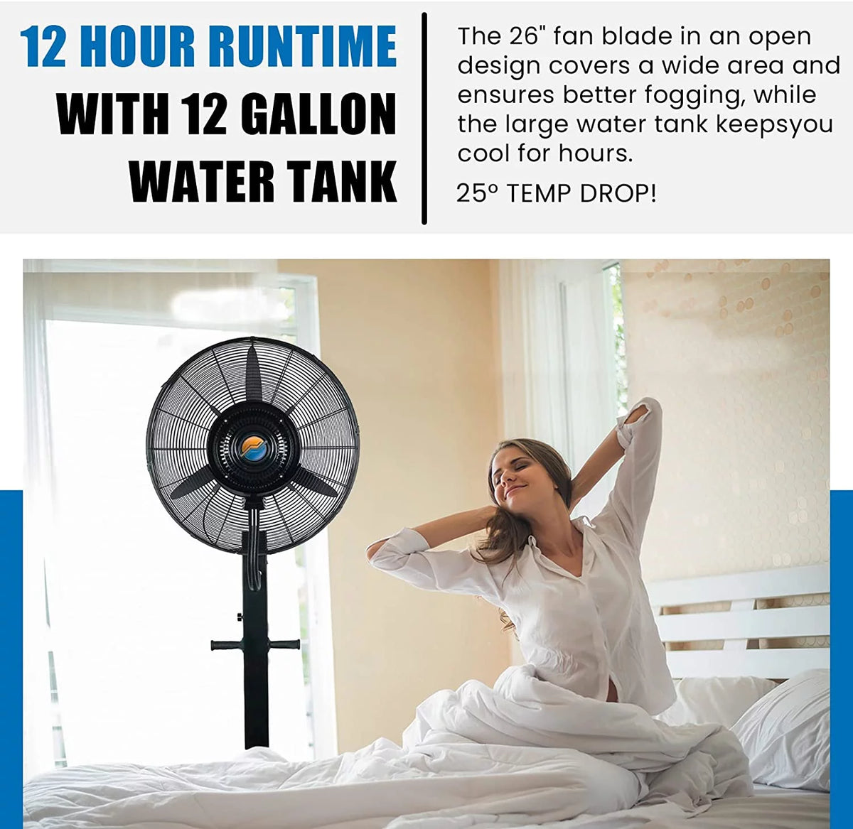 Oscillating Misting Pedestal Fan, 3 Cooling Speeds, 12 Gallon Tank, 26 inch, Black D4599