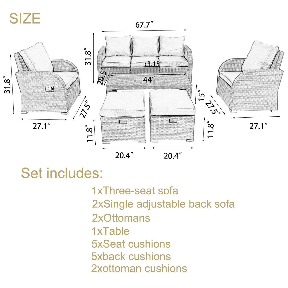 6 Piece Rattan Outdoor Sectional Seating Group with Cushions N371112