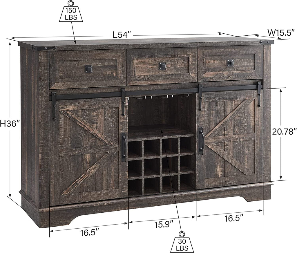 Dark Rustic Oak Coffee Bar Cabinet Sideboard Buffet with Wine and Glass Rack, Drawers, Storage Shelves J61350