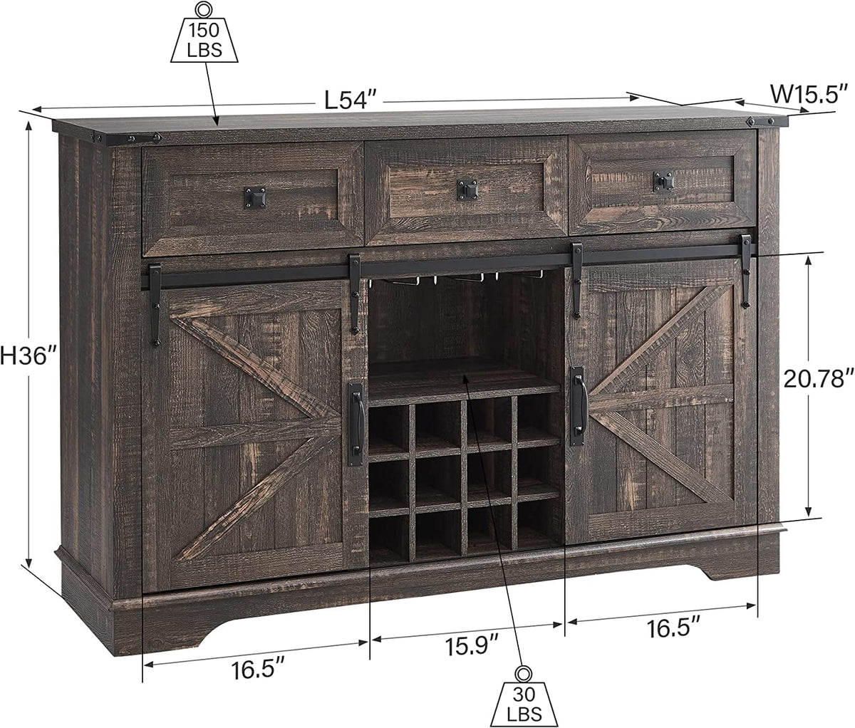 Dark Rustic Oak Coffee Bar Cabinet Sideboard Buffet with Wine and Glass Rack, Drawers, Storage Shelves J61350