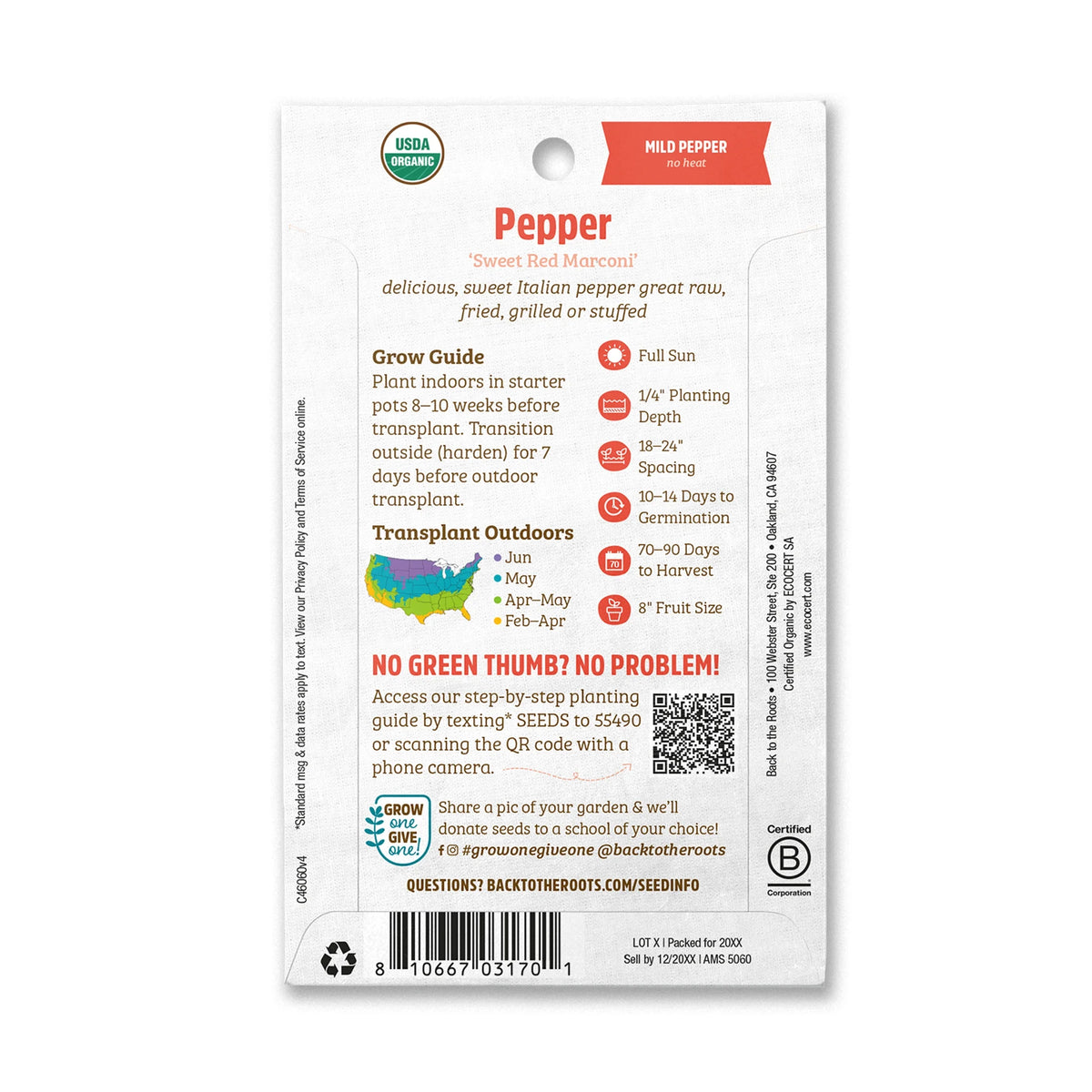 Organic Sweet Red Marconi Pepper Seeds, 1 Seed Packet J797
