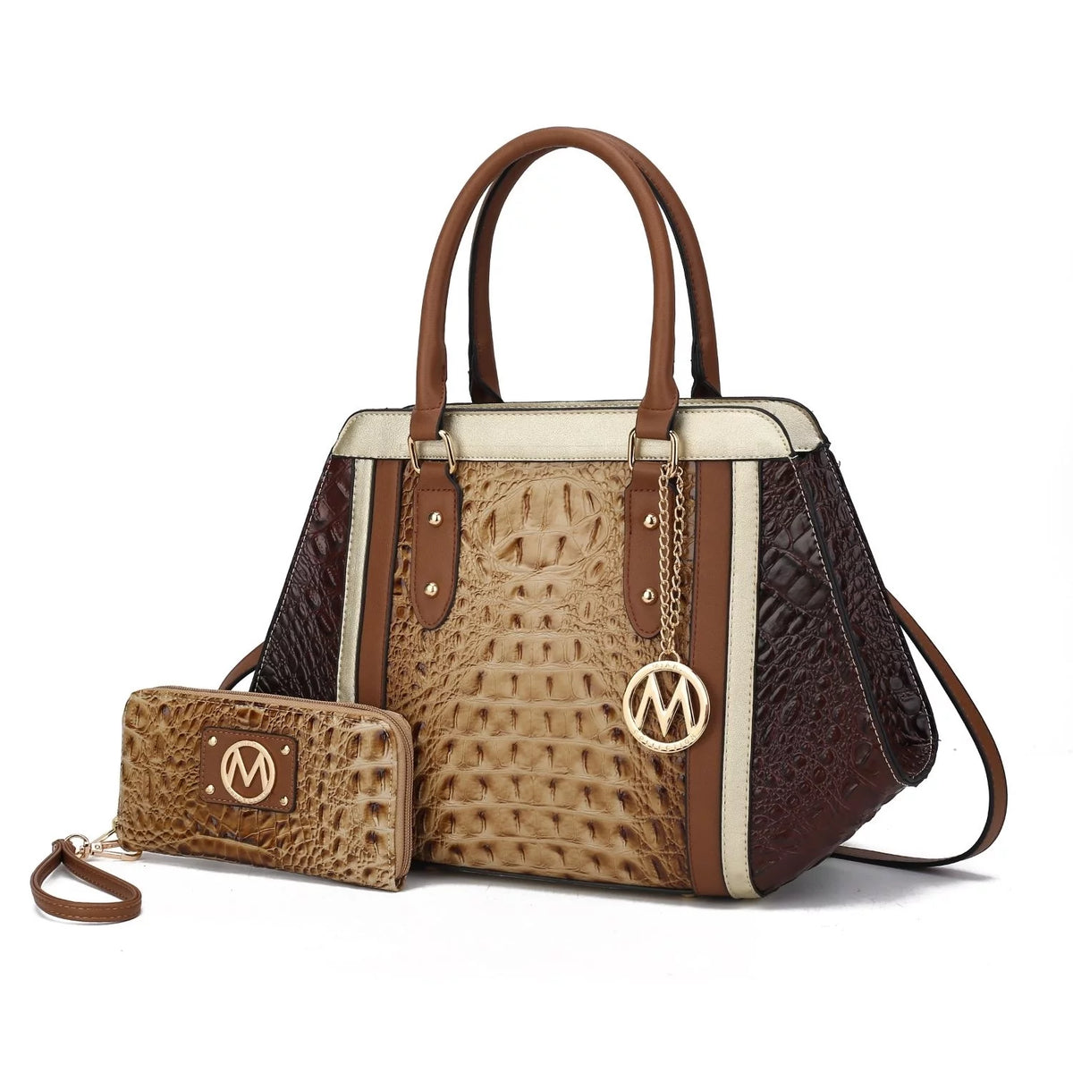 Taupe Chocolate Crocodile-Embossed Satchel Handbag 2-Piece Set E35501