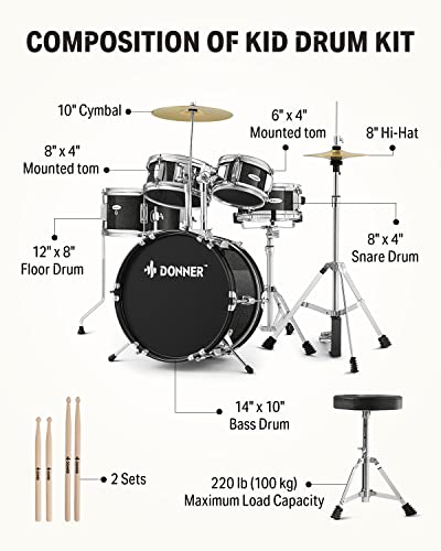 5-Piece 14 inch Full Size Junior Drum Kit Metallic Black Z49780
