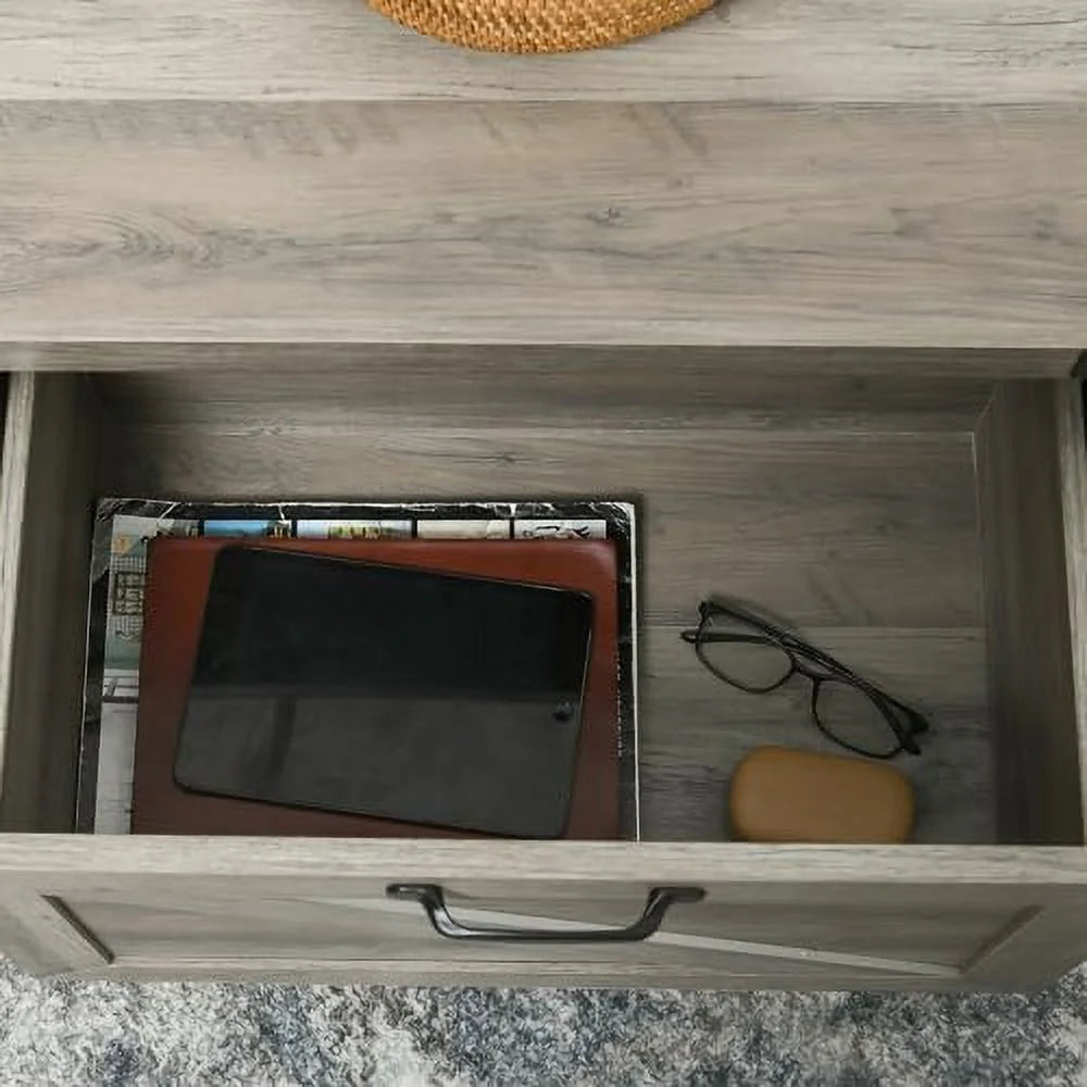 White Farmhouse Coffee Table with Drawer and Open Shelf K797119