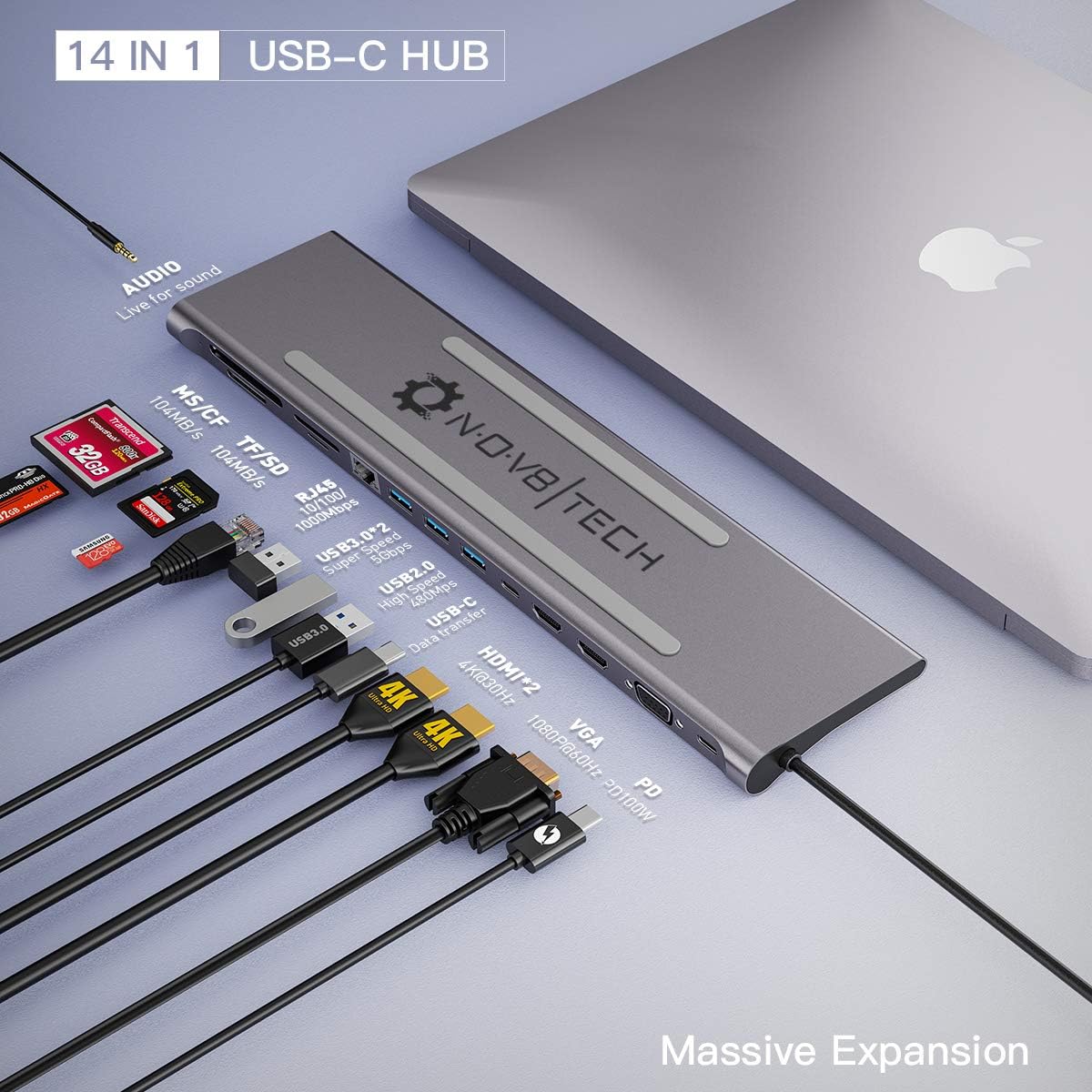 USB C Laptop Docking Station, 14in1 Triple Display 2 HDMI & VGA, 100W USB-C PD, Gigabit Ethernet, 2X USB 3, Card Reader, Audio M637307