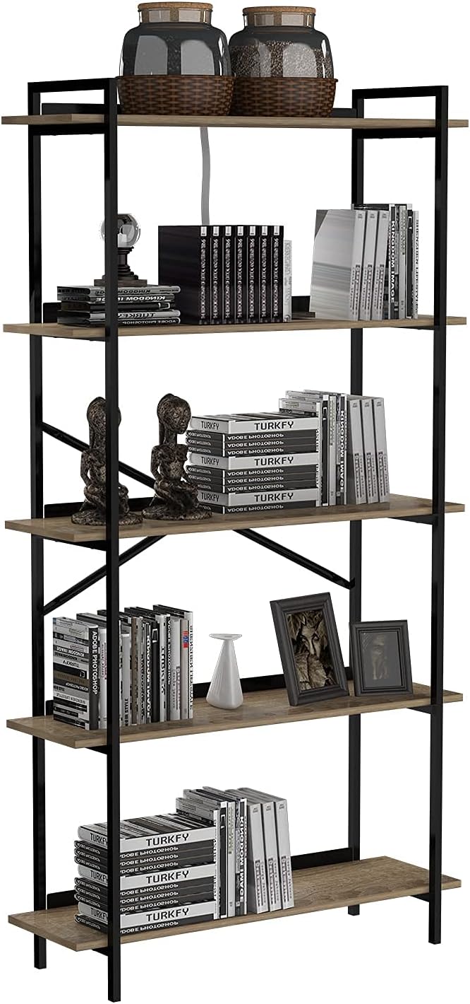 5-Tier Dark Brown Wooden Bookcase with Metal Frames J1128