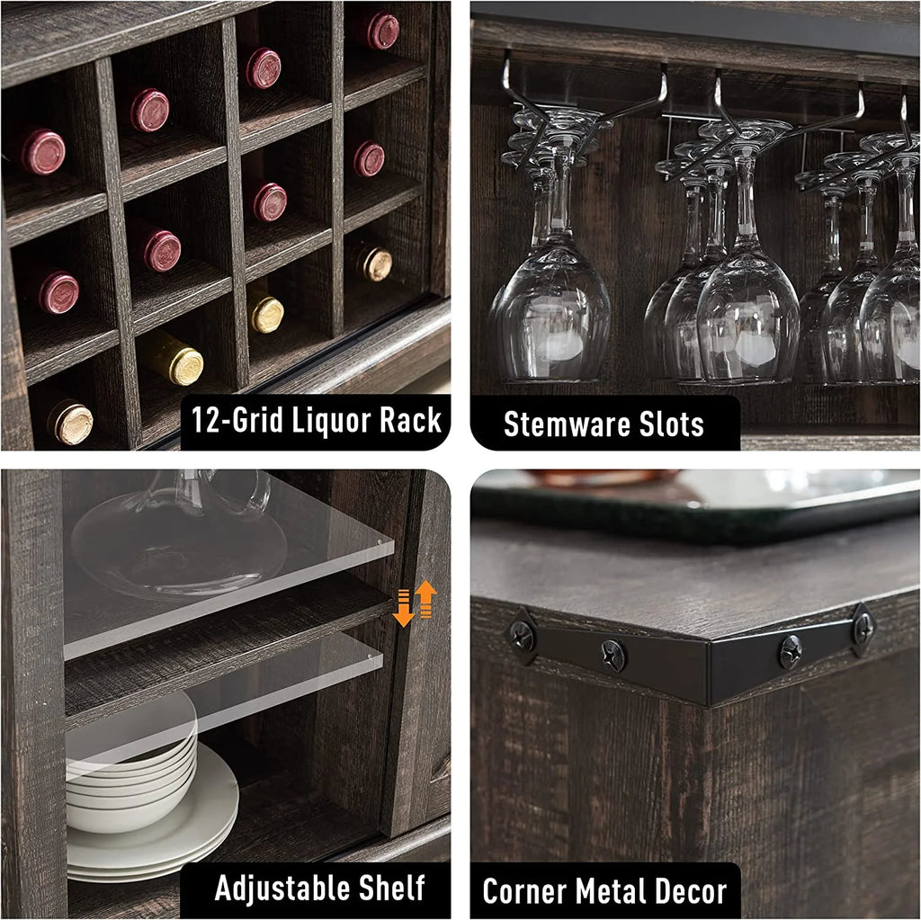 Dark Rustic Oak Coffee Bar Cabinet Sideboard Buffet with Wine and Glass Rack, Drawers, Storage Shelves J61350