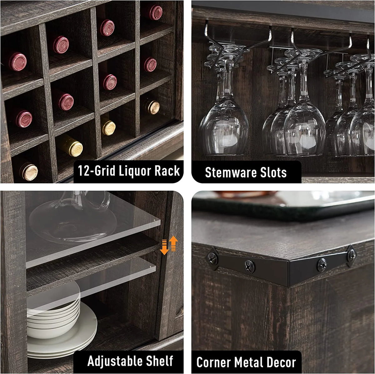 Dark Rustic Oak Coffee Bar Cabinet Sideboard Buffet with Wine and Glass Rack, Drawers, Storage Shelves J61350