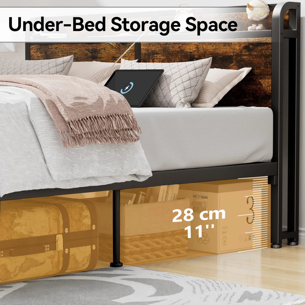 Queen Size Metal Platform Bed Frame with Storage Headboard X866883