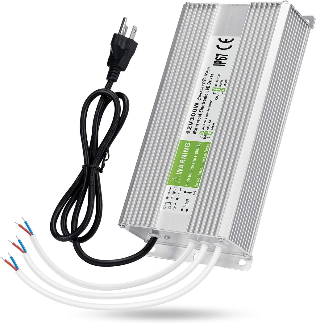 LEDMO IP67 Power Supply 300 Watts DC12V 25A AC/DC Driver Transformer Adapter Low Voltage Output with 3-Prong Plug 3.3 Feet Cable E1658