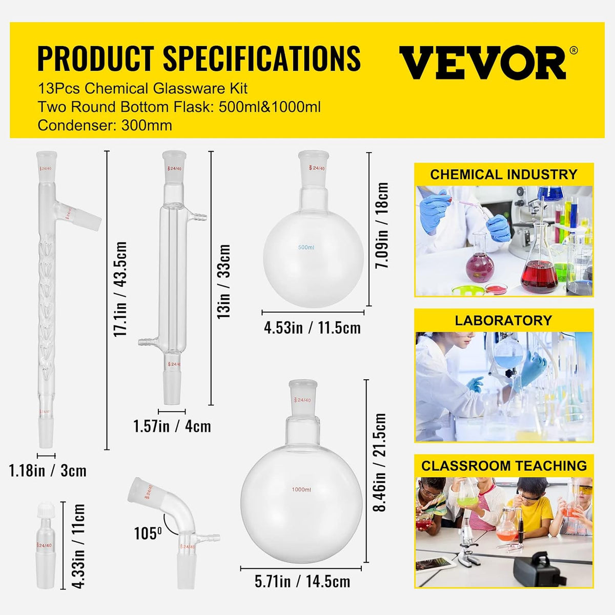 13pcs Borosilicate Glass Distillation Apparatus Kit with 1000ml Round Bottom Flask J69120
