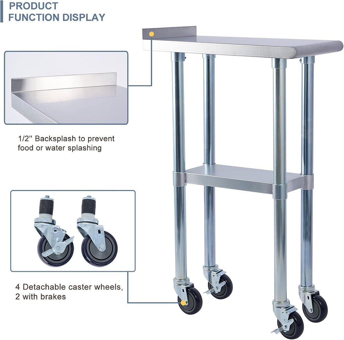 Stainless Steel Metal Work Table with Backsplash, Adjustable Shelf and Caster Wheel I679009