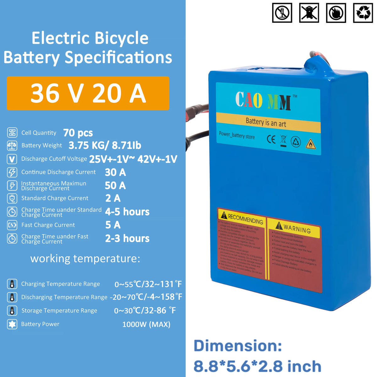 36V 20Ah Lithium Ebike Battery with 2A Charger N7190