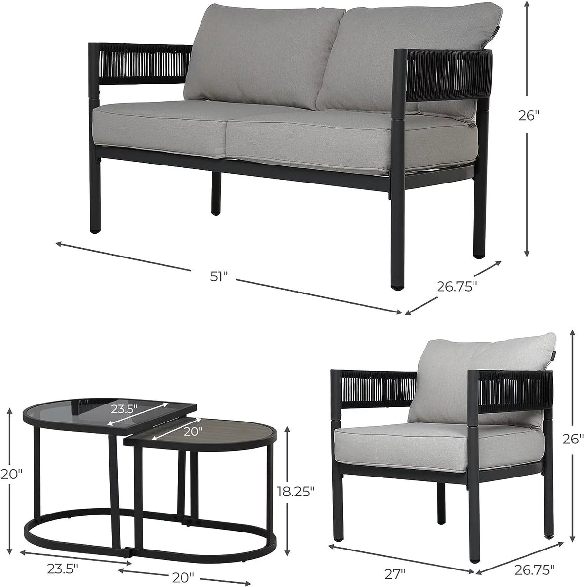 5-Piece Woven Wicker Outdoor Conversation Set with Cushions and Nested Table C137