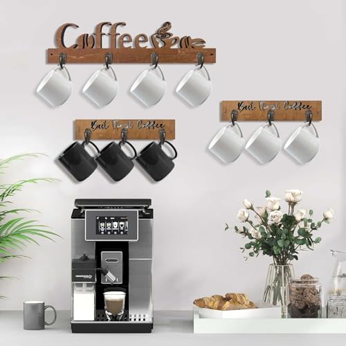 3 Pack Wall Mounted Wooden Coffee Mug Shelf with 10 Hooks D5071