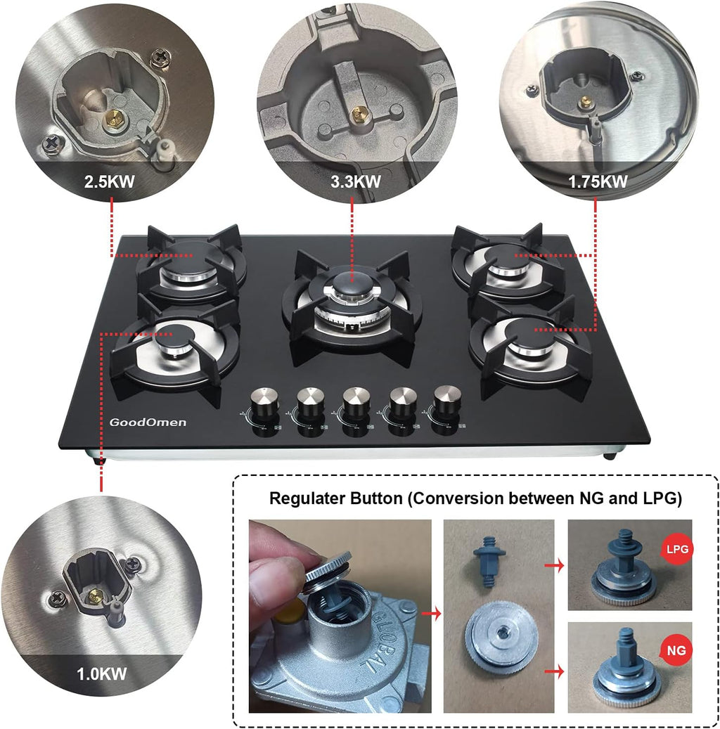 30 Inch 5 Burner Gas Cooktop with Cast Iron Grates W256