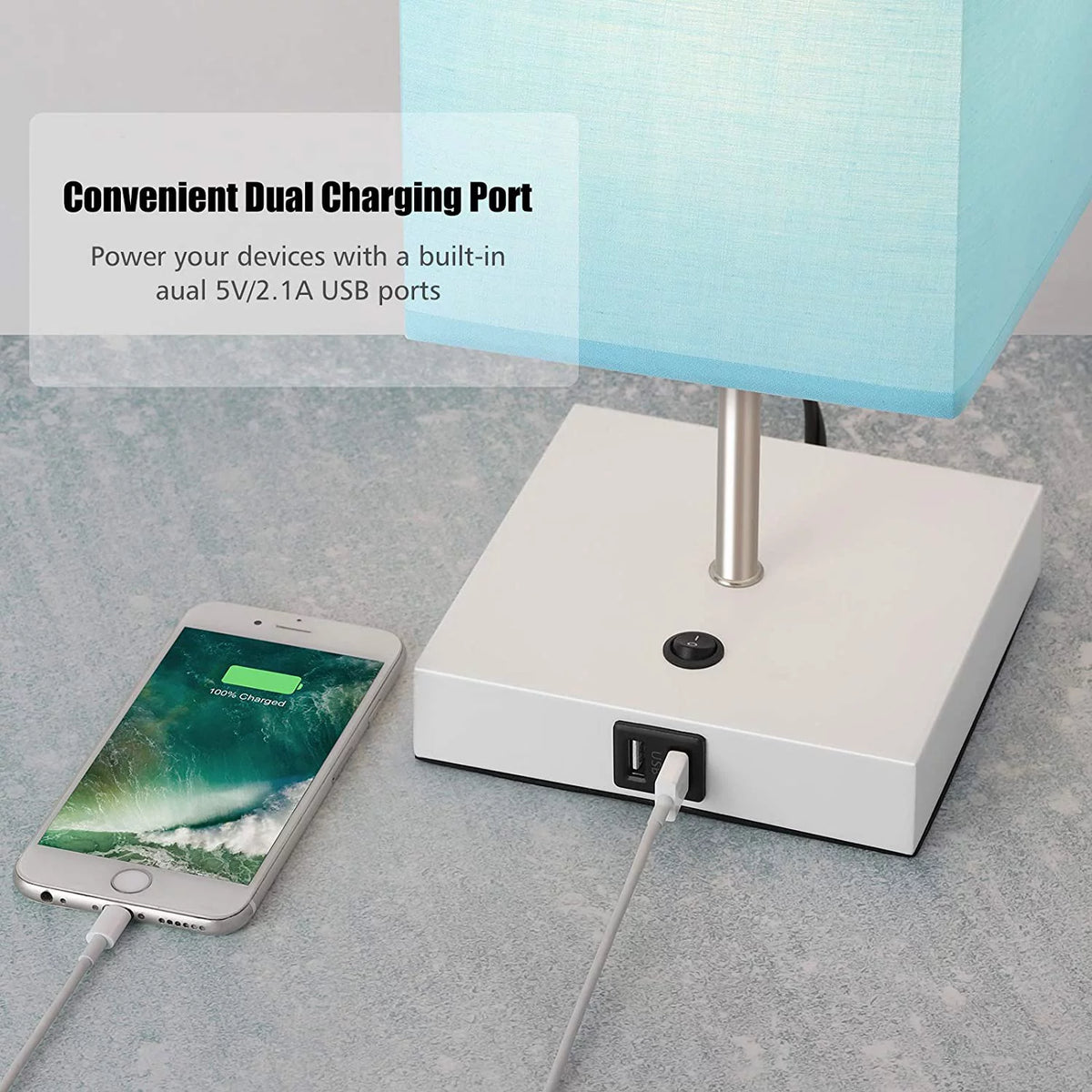Bedside Table Lamp Set of 2 with Dual USB Charging Port, Blue Lampshade I524