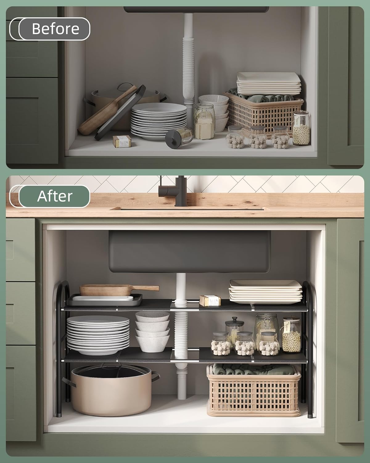 2 Tier Expandable Under Sink Organizer Shelf with 8 Removable Panels M920320