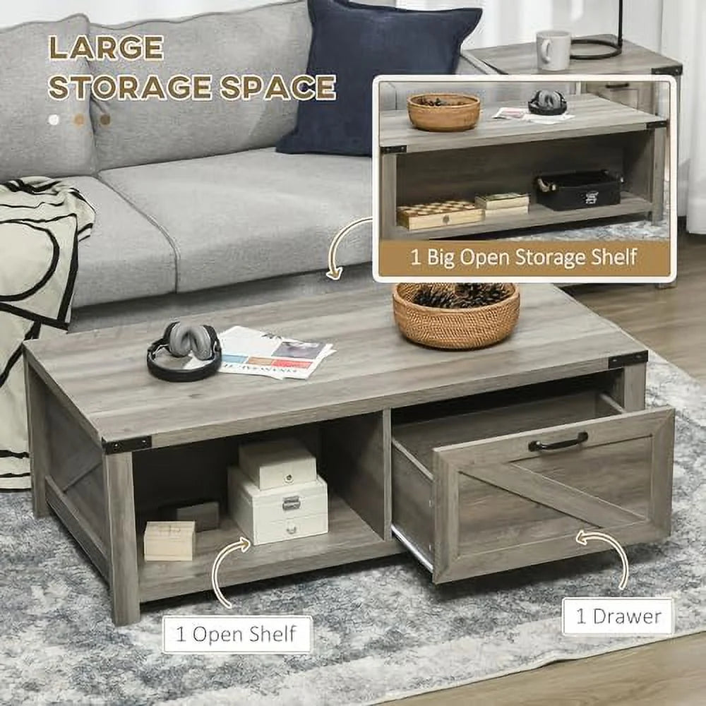 White Farmhouse Coffee Table with Drawer and Open Shelf K797119