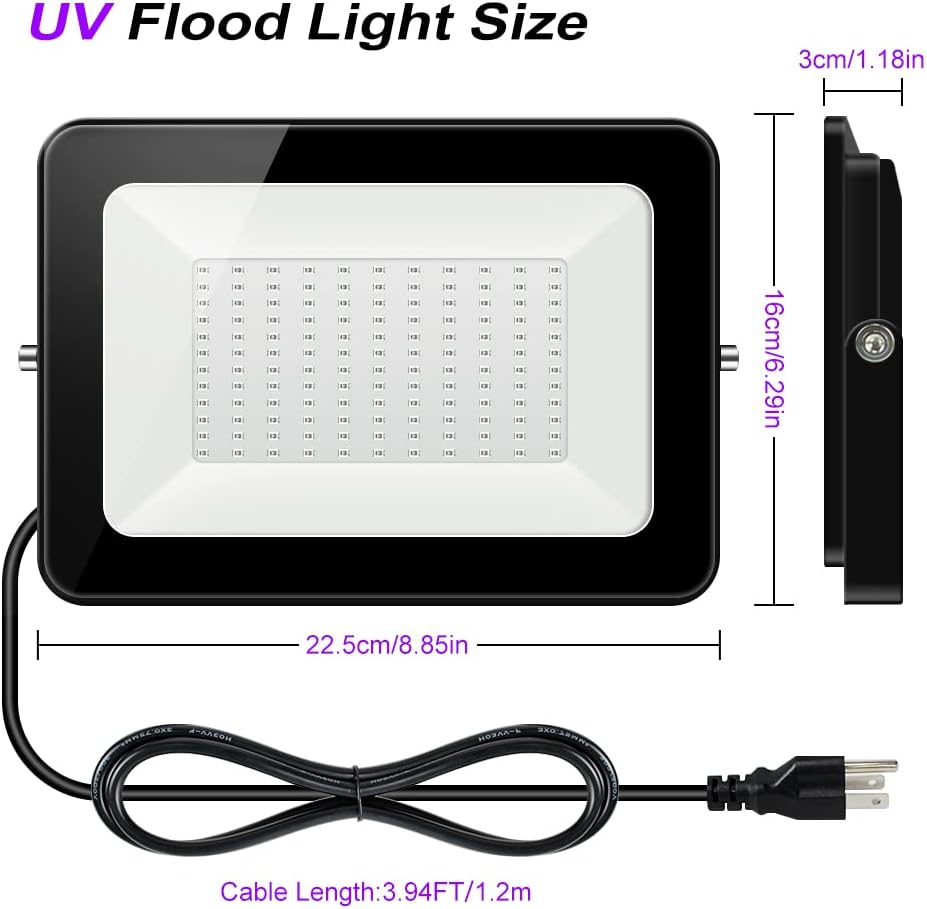 2 Pack 60W UV Flood Black Light, IP67 Waterproof LED Black Lights, 395nm-405nm Blacklight with 3.9ft Cable and Plug Z86011