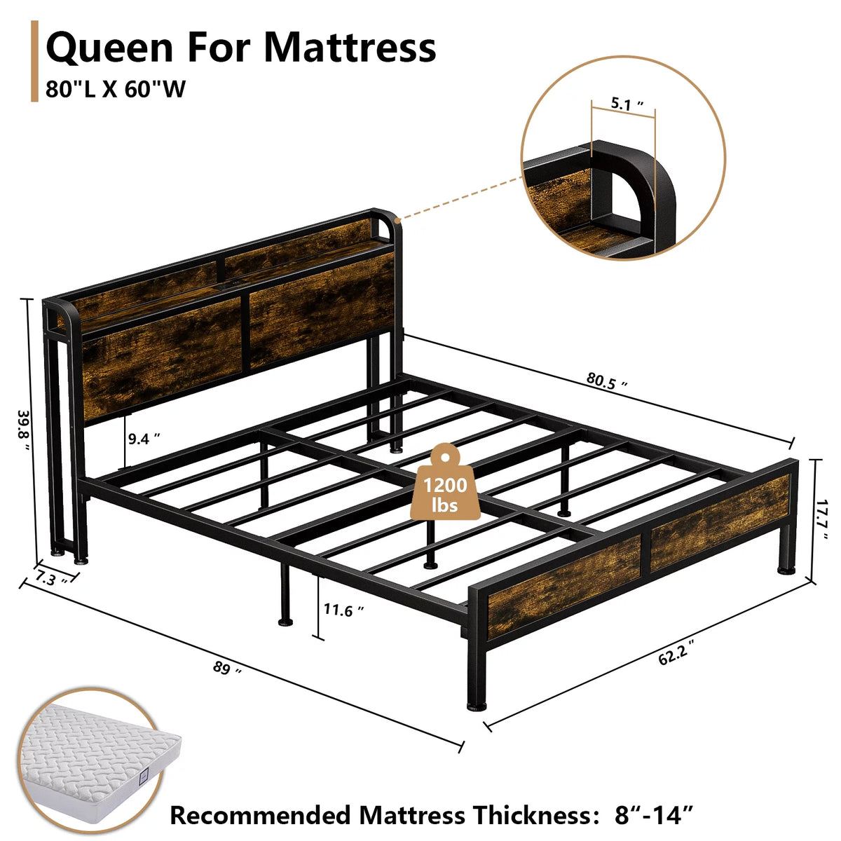 Queen Size Metal Platform Bed Frame with Storage Headboard X866883