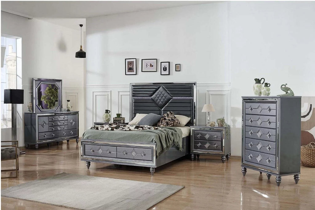 Dark Gray Queen Bed with Dresser Mirror Nightstand Chest T75013