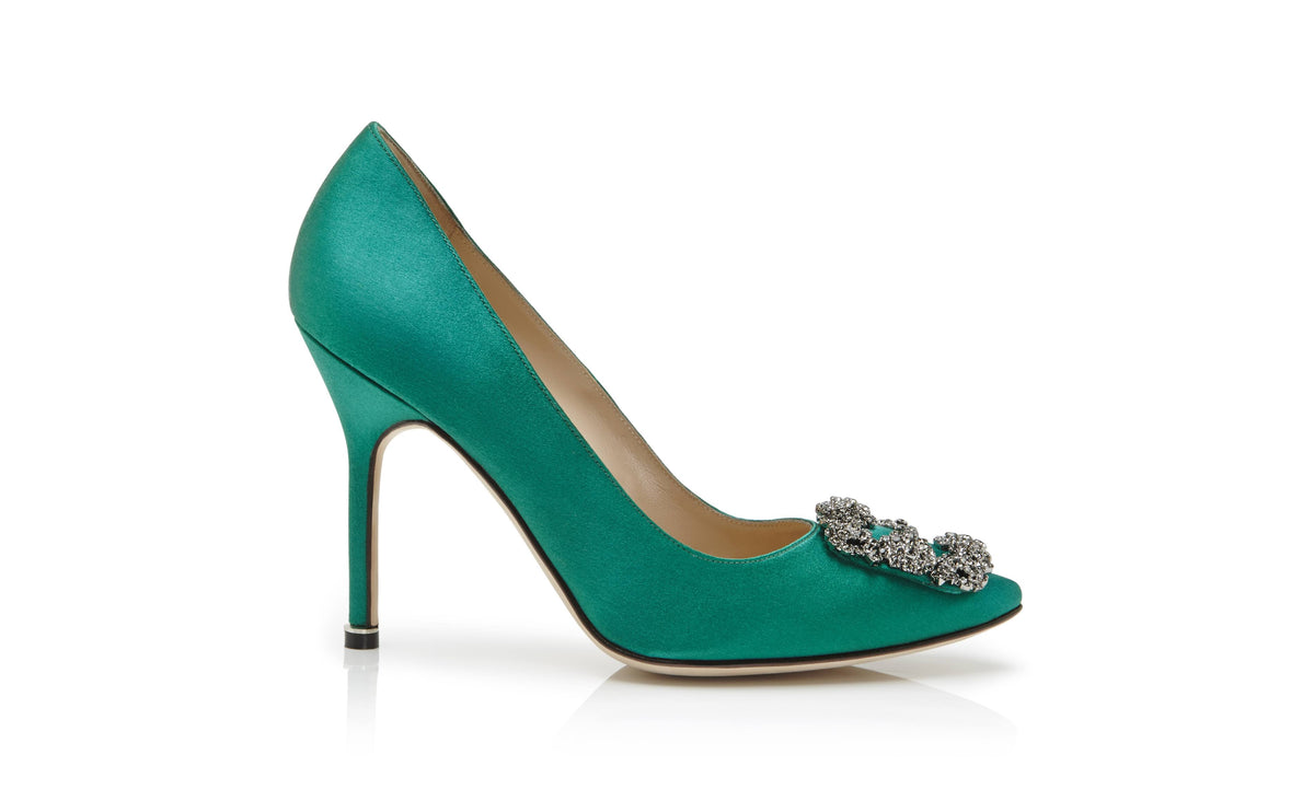 Green Satin Jewel Buckle Pumps D689426