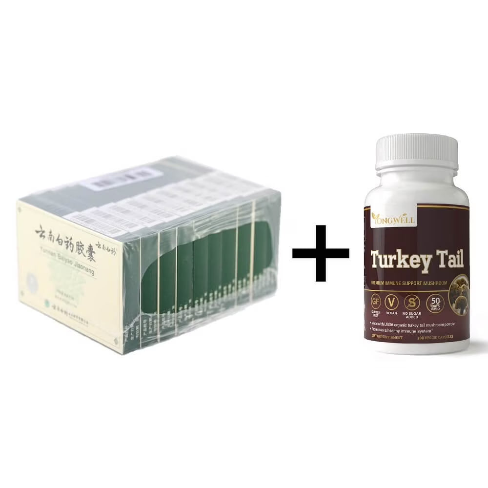 10 Boxes Yunnan Baiyao Capsules (16 Caps) Plus Turkey Tail Mushroom (100 Caps) Combo M2628