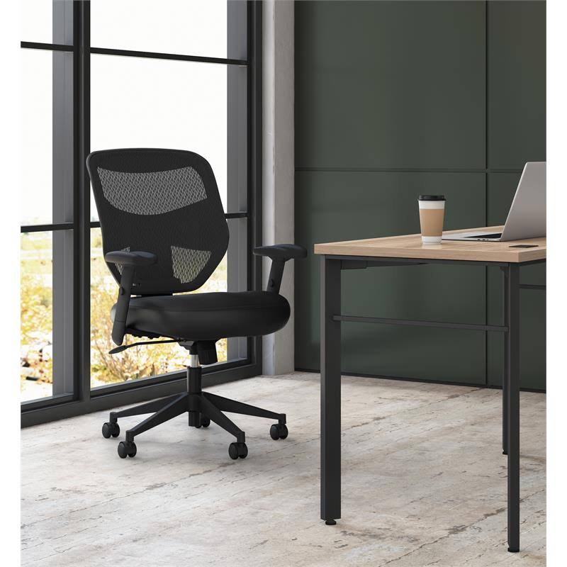 Leather High-Back Mesh Work Chair with Adjustable Arms in Black V384