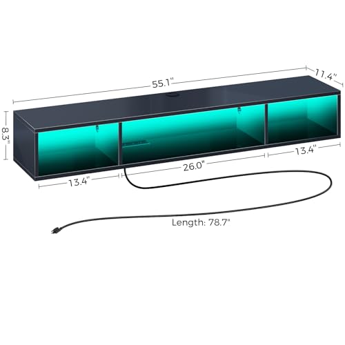 Glossy Black Wall Mounted TV Stand with Power Outlet and RGB Lights R695