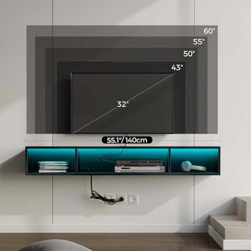 Glossy Black Wall Mounted TV Stand with Power Outlet and RGB Lights R695