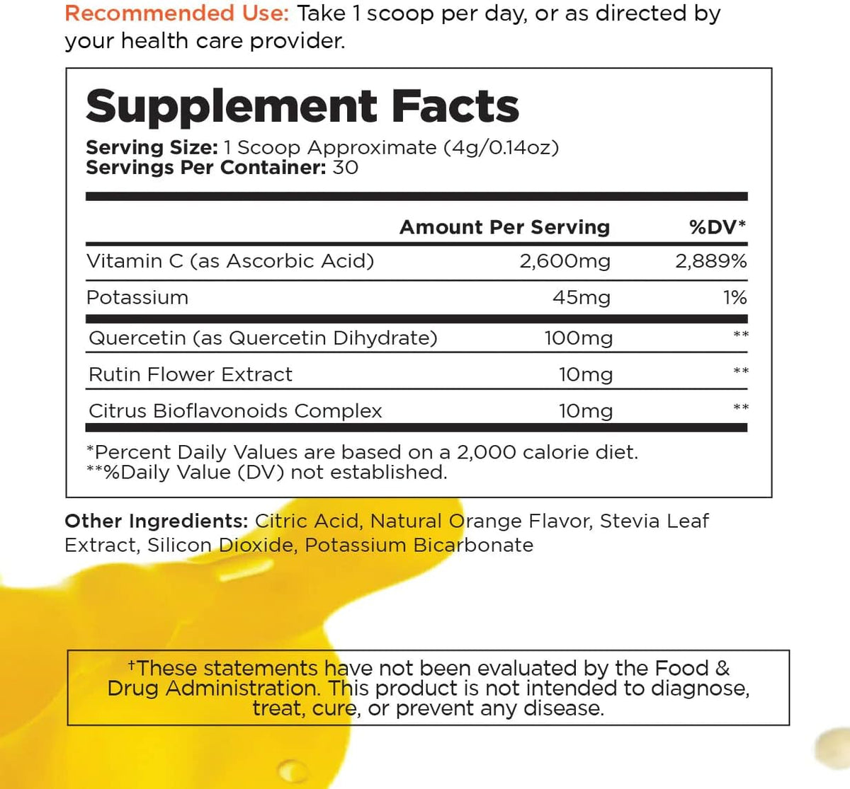 Vitamin C Powder Supplement - 2,600mg Ascorbic Acid Powder with Quercetin & Citrus Bioflavonoids - Vegan, 30 Servings J774