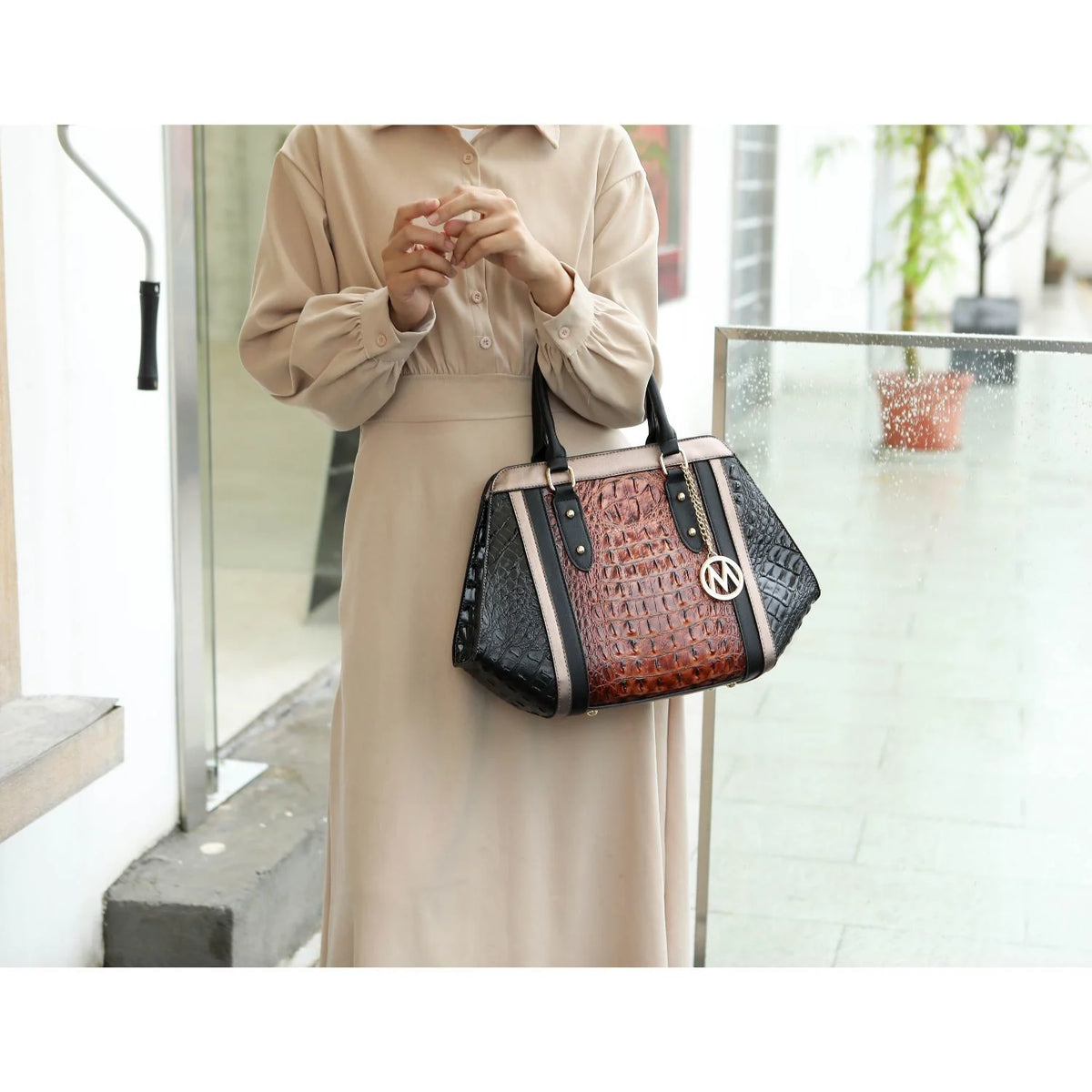 Taupe Chocolate Crocodile-Embossed Satchel Handbag 2-Piece Set E35501