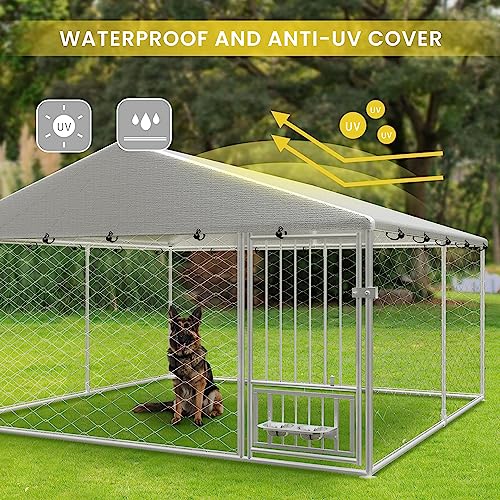 Large Outdoor Galvanized Steel Dog Kennel with Cover, 90" L x 90" W x 65" H Z323042