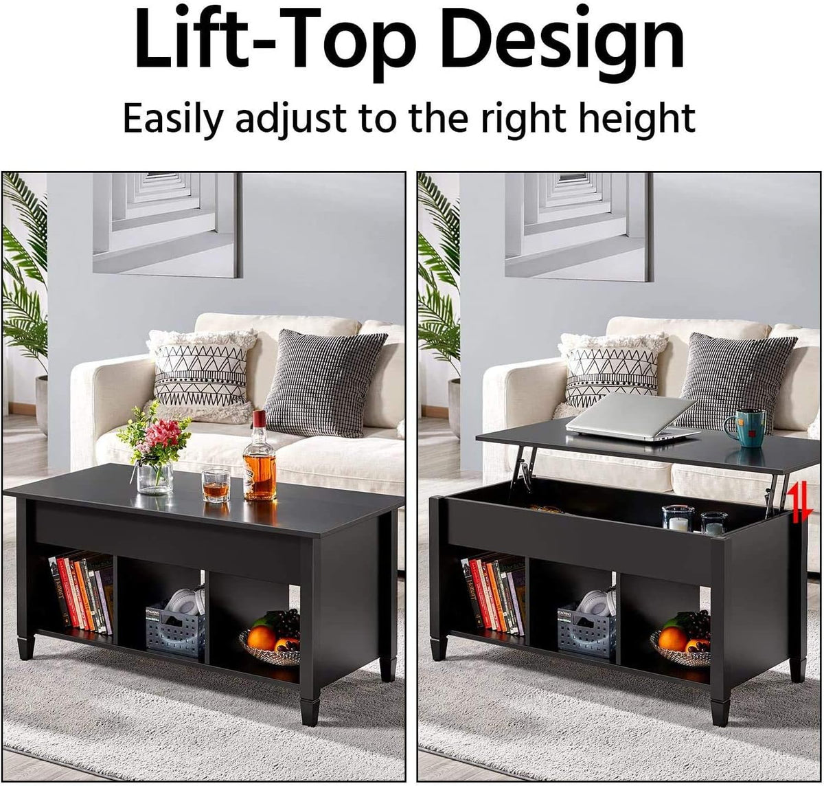 Black Lift Top Wood Coffee Table with Storage Shelf G9168