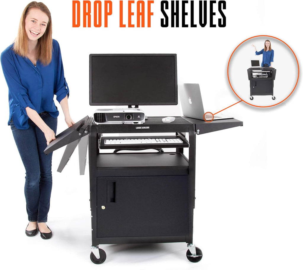 Black Height Adjustable Utility Cart with Locking Cabinet and Drop Leaves E961