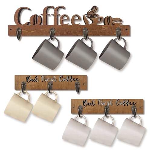 3 Pack Wall Mounted Wooden Coffee Mug Shelf with 10 Hooks D5071